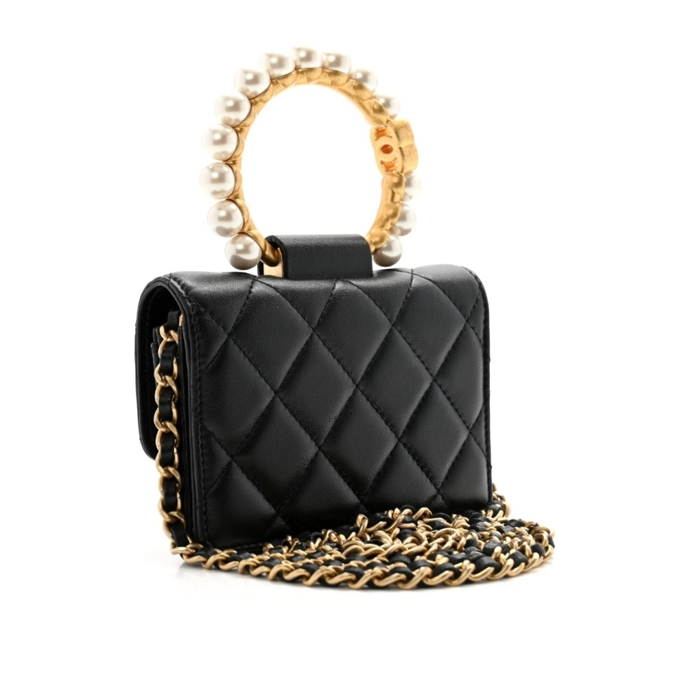 NWOT Chanel Mini Calf Leather Pearl Top Handle Card Holder Crossbody Bag Black - Picture 3 of 5
